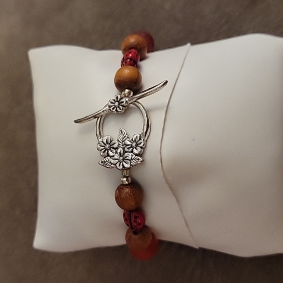 HANDMADE Fairycore Czech Glass Lady Bug African Wood Beaded Toggle Bracelet - Picture 5 of 6